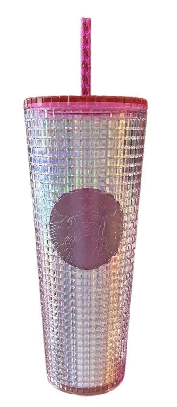 Starbucks 2023 Grid Bubblegum Gradient Pink Silver Iridescent Tumbler Cup 24 oz